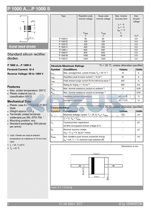 P1000M datasheet - Standard silicon rectifier diodes