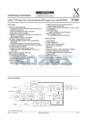 X1288 datasheet - 2-Wire RTC Real Time Clock/Calendar/CPU Supervisor with EEPROM