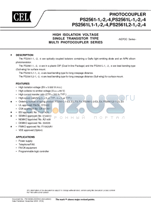 PS2561-1-V-A datasheet - HIGH ISOLATION VOLTAGE SINGLE TRANSISTOR TYPE MULTI PHOTOCOUPLER SERIES