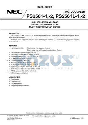 PS2561-1 datasheet - HIGH ISOLATION VOLTAGE SINGLE TRANSISTOR TYPE MULTI PHOTOCOUPLER SERIES