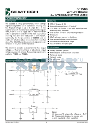 SC1566_05 datasheet - Very Low Dropout 3.0 Amp Regulator With Enable