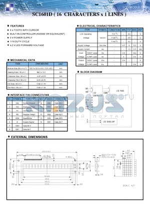 SC1601D datasheet - LCD MODULES 16 CHARACTERS x 1 LINES