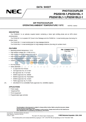 PS2561BL2-1-A datasheet - DIP PHOTOCOUPLER OPERATING AMBIENT TEMPERATURE 110`C