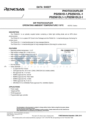 PS2561DL-1 datasheet - DIP PHOTOCOUPLER OPERATING AMBIENT TEMPERATURE 110`C