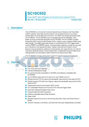 SC16C652 datasheet - Dual UART with 32 bytes of transmit and receive FIFOs