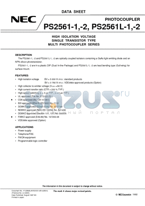 PS2561L1-1-V datasheet - HIGH ISOLATION VOLTAGE SINGLE TRANSISTOR TYPE MULTI PHOTOCOUPLER SERIES