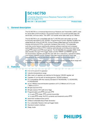 SC16C750IA44 datasheet - Universal Asynchronous Receiver/Transmitter (UART) with 64-byte FIFO