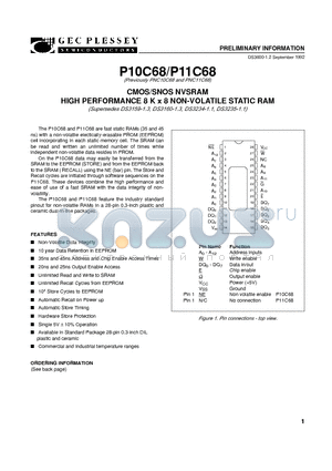 P10C68 datasheet - CMOS/SNOS NVSRAM HIGH PERFORMANCE 8 K x 8 NON-VOLATILE STATIC RAM