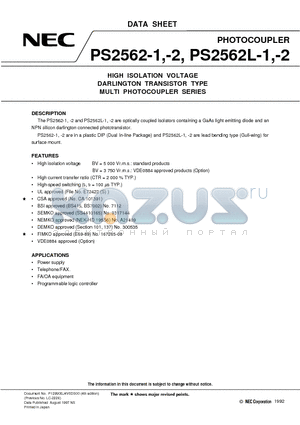 PS2562-1-V datasheet - HIGH ISOLATION VOLTAGE DARLINGTON TRANSISTOR TYPE MULTI PHOTOCOUPLER SERIES