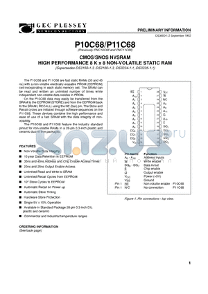 P10C68-45 datasheet - CMOS/SNOS NVSRAM HIGH PERFORMANCE 8 K x 8 NON-VOLATILE STATIC RAM