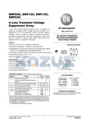 SMF05CT2 datasheet - 5−Line Transient Voltage Suppressor Array