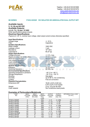 P10CU-0512Z datasheet - 1KV ISOLATED 2W UNREGULATED DUAL OUTPUT SIP7