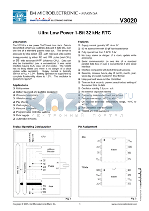V3020 datasheet - Ultra Low Power 1-Bit 32 kHz RTC