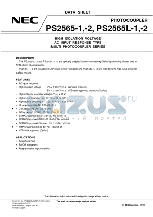 PS2565L2-1 datasheet - HIGH ISOLATION VOLTAGE AC INPUT RESPONSE TYPE MULTI PHOTOCOUPLER SERIES