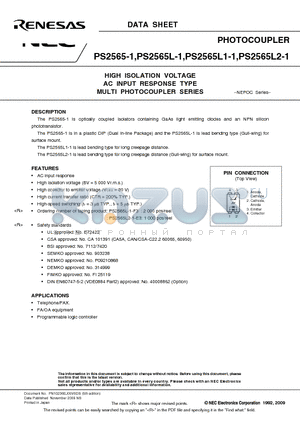 PS2565L2-1-V datasheet - HIGH ISOLATION VOLTAGE AC INPUT RESPONSE TYPE MULTI PHOTOCOUPLER SERIES