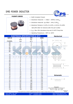 P10DR75-121 datasheet - SMD POWER INDUCTOR