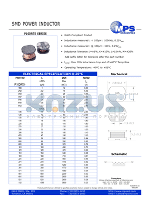 P10DR75-1R0 datasheet - SMD POWER INDUCTOR