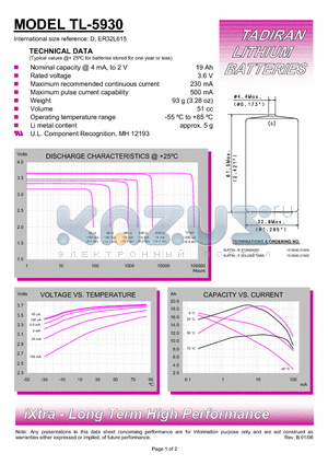 TL-5930 datasheet - TADIRAN LITHIUM BATTERIES