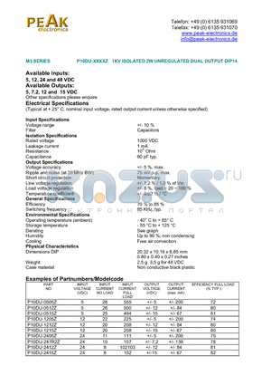 P10DU-0515Z datasheet - 1KV ISOLATED 2W UNREGULATED DUAL OUTPUT DIP14