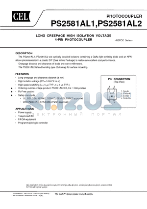 PS2581AL1 datasheet - LONG CREEPAGE HIGH ISOLATION VOLTAGE 4-PIN PHOTOCOUPLER