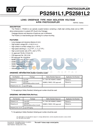 PS2581L1 datasheet - LONG CREEPAGE TYPE HIGH ISOLATION VOLTAGE 4-PIN PHOTOCOUPLER