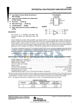 TL026CD datasheet - DIFFERENTIAL HIGH-FREQUENCY AMPLIFIER WITH AGC