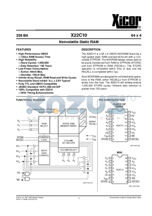 X22C10SI datasheet - Nonvolatile Static RAM