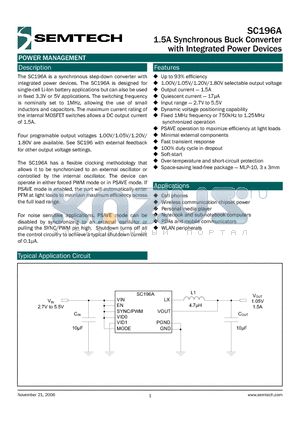 SC196A datasheet - 1.5A Synchronous Buck Converter with Integrated Power Devices