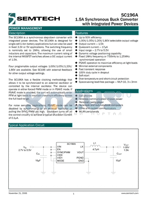 SC196AMLTRT datasheet - 1.5A Synchronous Buck Converter with Integrated Power Devices