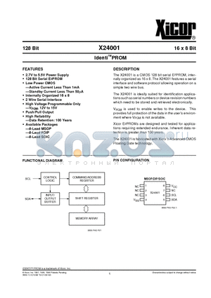 X24001 datasheet - IdentiPROM