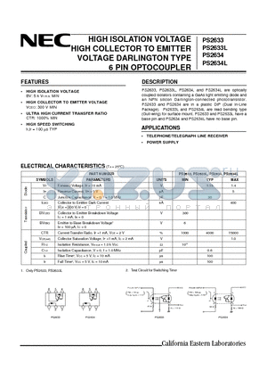 PS2633L datasheet - HIGH ISOLATION VOLTAGE HIGH COLLECTOR TO EMITTER VOLTAGE DARLINGTON TYPE 6 PIN OPTOCOUPLER