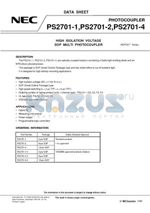 PS2701-1 datasheet - HIGH ISOLATION VOLTAGE SOP MULTI PHOTOCOUPLER