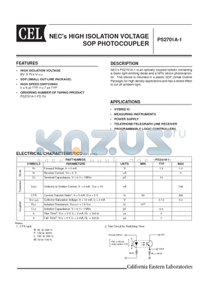 PS2701A-1 datasheet - NEC is HIGH ISOLATION VOLTAGE SOP PHOTOCOUPLER