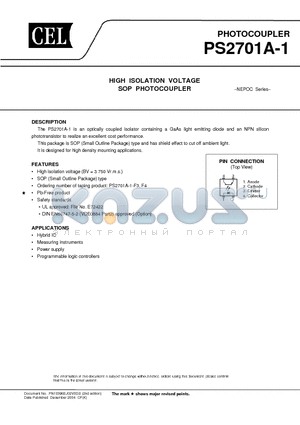 PS2701A-1-F3 datasheet - HIGH ISOLATION VOLTAGE SOP PHOTOCOUPLER