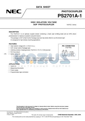 PS2701A-1-F3 datasheet - HIGH ISOLATION VOLTAGE SOP PHOTOCOUPLER