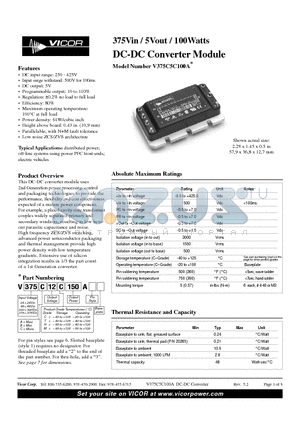 V375A12C150A datasheet - 375Vin / 5Vout / 100Watts DC-DC Converter Module