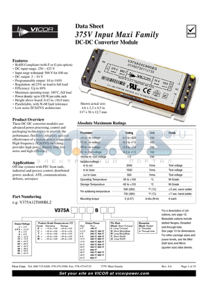 V375A12C400BL2 datasheet - 375V Input Maxi Family DC-DC Converter Module