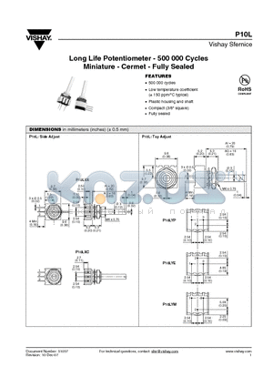 P10LYEAG103KB4 datasheet - Long Life Potentiometer - 500 000 Cycles Miniature - Cermet - Fully Sealed