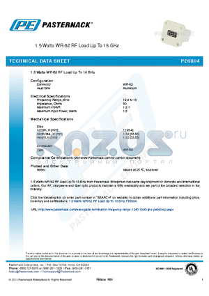 PE6804 datasheet - 1.5 Watts WR-62 RF Load Up To 18 GHz