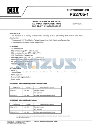 PS2705-1 datasheet - HIGH ISOLATION VOLTAGE AC INPUT RESPONSE TYPE SOP MULTI PHOTOCOUPLER