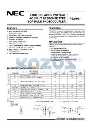 PS2705-1_01 datasheet - HIGH ISOLATION VOLTAGE AC INPUT RESPONSE TYPE SOP MULTI PHOTOCOUPLER