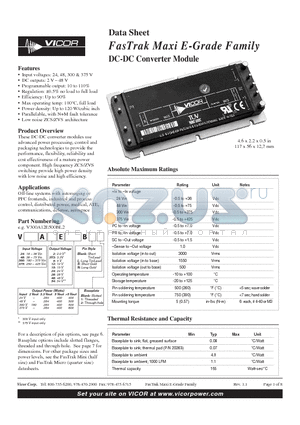 V375A12E300BN1 datasheet - FasTrak Maxi E-Grade Family DC-DC Converter