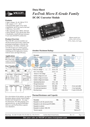 V375A12E300BN1 datasheet - FasTrak Micro E-Grade Family DC-DC Converter Module