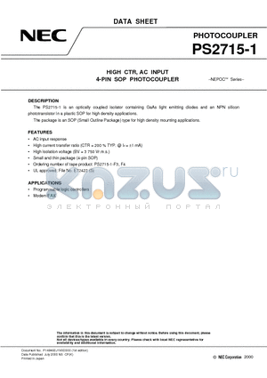 PS2715-1 datasheet - HIGH CTR, AC INPUT 4-PIN SOP PHOTOCOUPLER