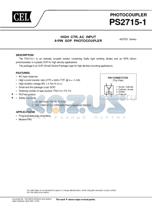 PS2715-1-V-F3-A datasheet - HIGH CTR, AC INPUT 4-PIN SOP PHOTOCOUPLER