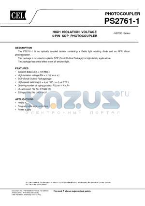 PS2761-1 datasheet - HIGH ISOLATION VOLTAGE 4-PIN SOP PHOTOCOUPLER