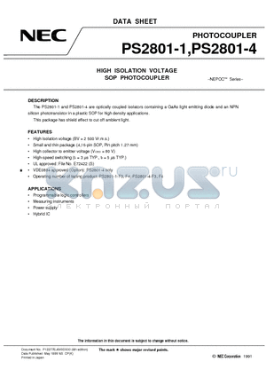 PS2801-1-F3 datasheet - HIGH ISOLATION VOLTAGE SOP PHOTOCOUPLER