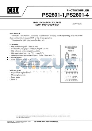 PS2801-4 datasheet - HIGH ISOLATION VOLTAGE SSOP PHOTOCOUPLER