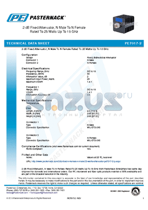 PE7017-2 datasheet - 2 dB Fixed Attenuator, N Male To N Female Rated To 25 Watts Up To 18 GHz