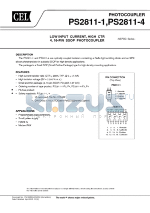 PS2811-1-F4 datasheet - LOW INPUT CURRENT, HIGH CTR 4, 16-PIN SSOP PHOTOCOUPLER